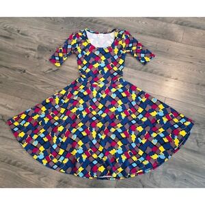Women's sz XS LuLaRoe Nicole Dress Multicolor Geometric Mosaic Fit Flare Spring